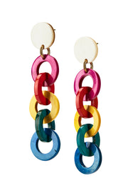 close up image of colourful link earrrings made from ankole cattle horn a recycled material from uganda.